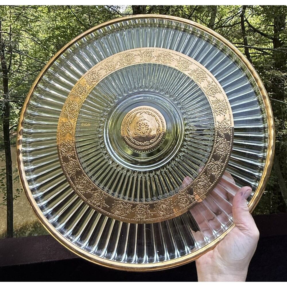 Gorgeous Culver 22k Gold Glass Serving Platter Mid Century Modern 15" Round EX